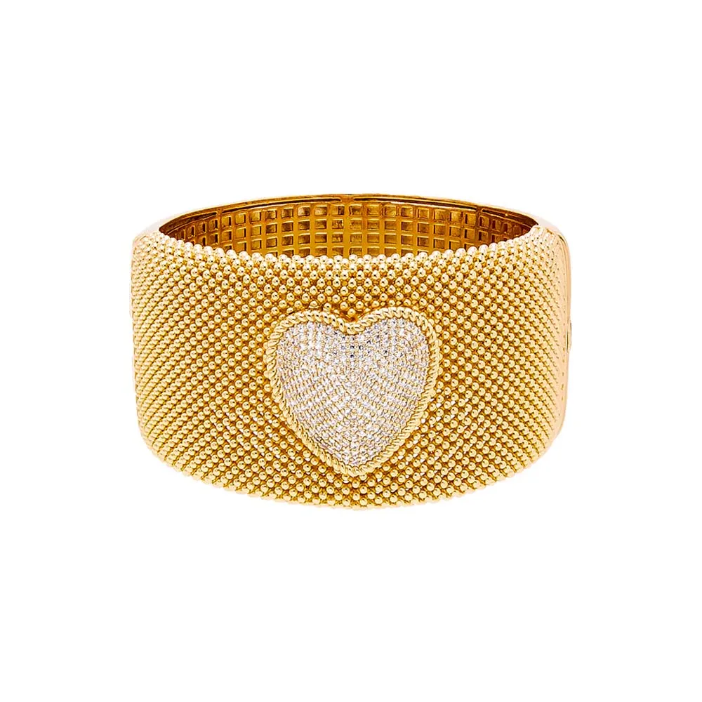 Pave Heart Accented Wide Mesh Bangle Bracelet