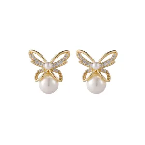 Pearl & Cubic Zirconia Openwork Butterfly Drop Earrings