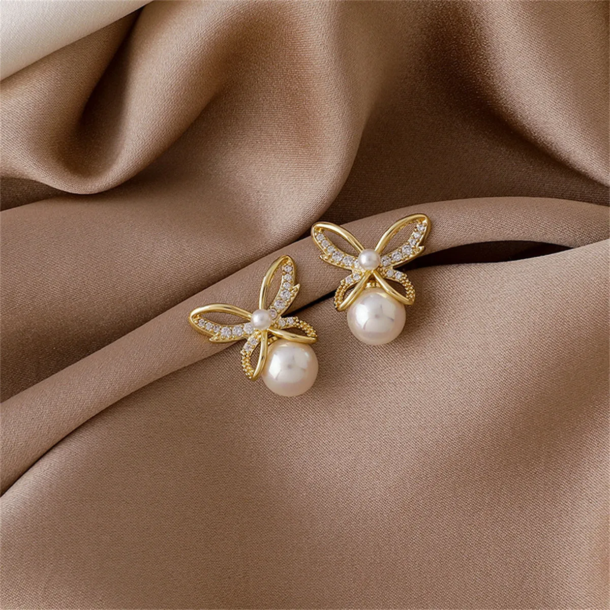 Pearl & Cubic Zirconia Openwork Butterfly Drop Earrings
