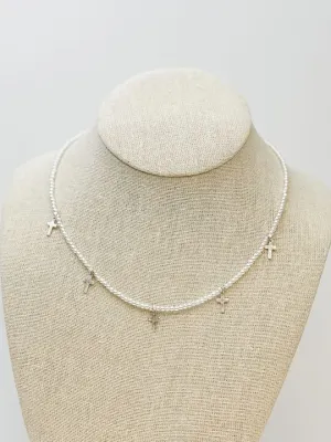 Pearl Strand Cross Station Necklace - Silver