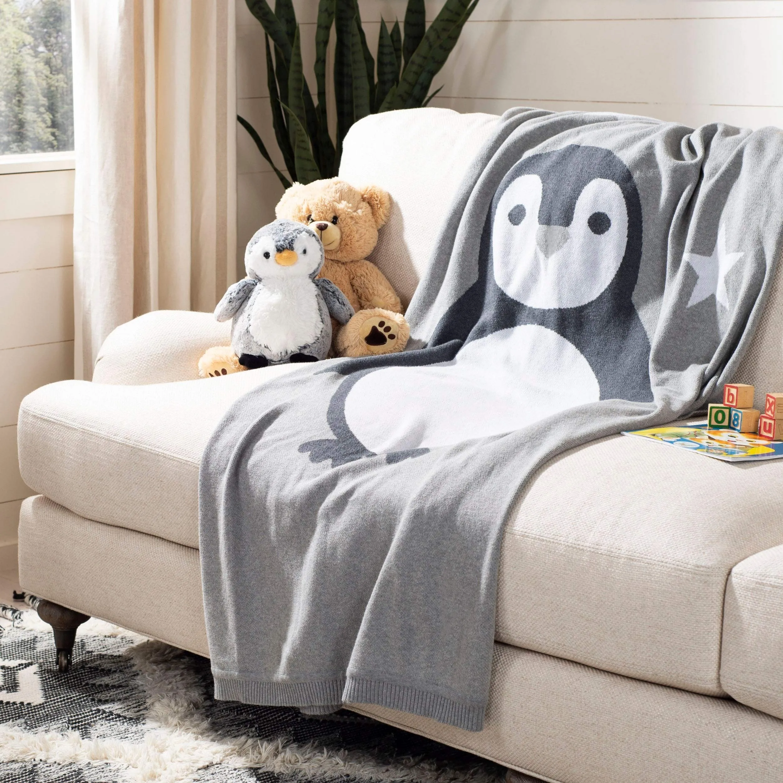 Penguin Baby Throw Blanket Grey White Nature Neutral Animals