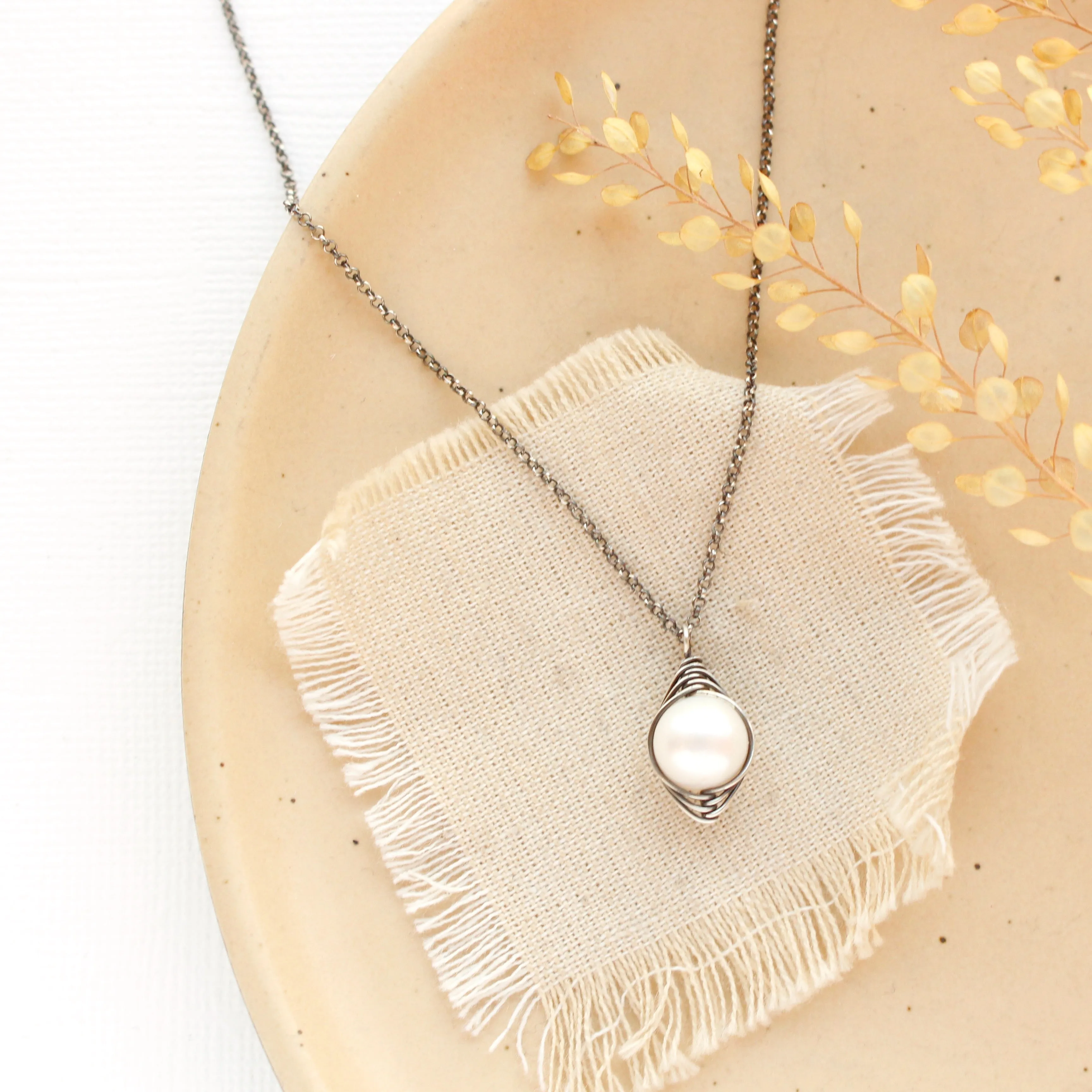 Perfect Pearl Wrapped Oxidized Silver Necklace