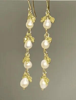 Peridot and Pearl Long Dainty Earrings Gold Fill