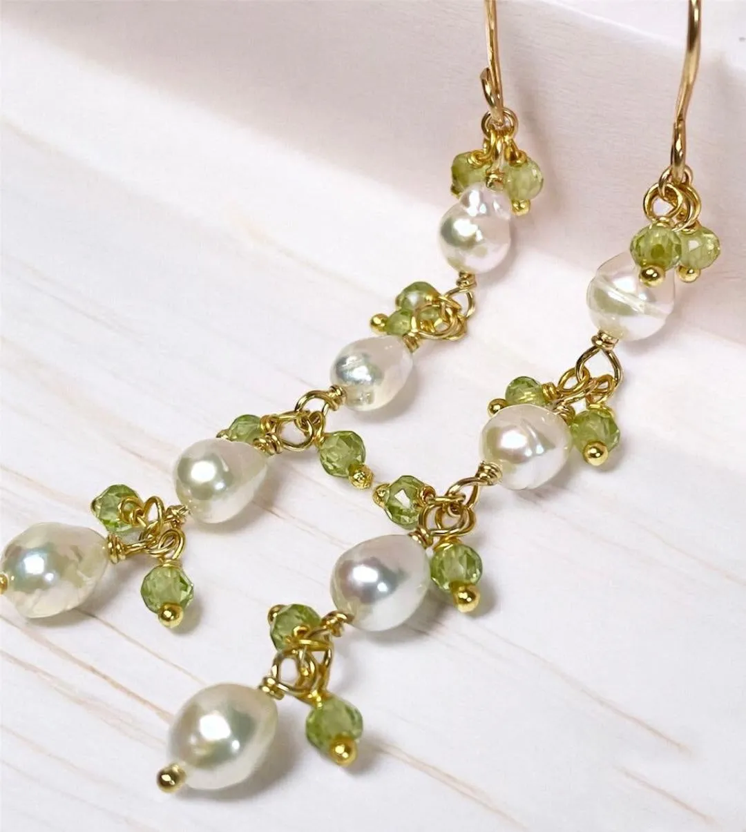 Peridot and Pearl Long Dainty Earrings Gold Fill
