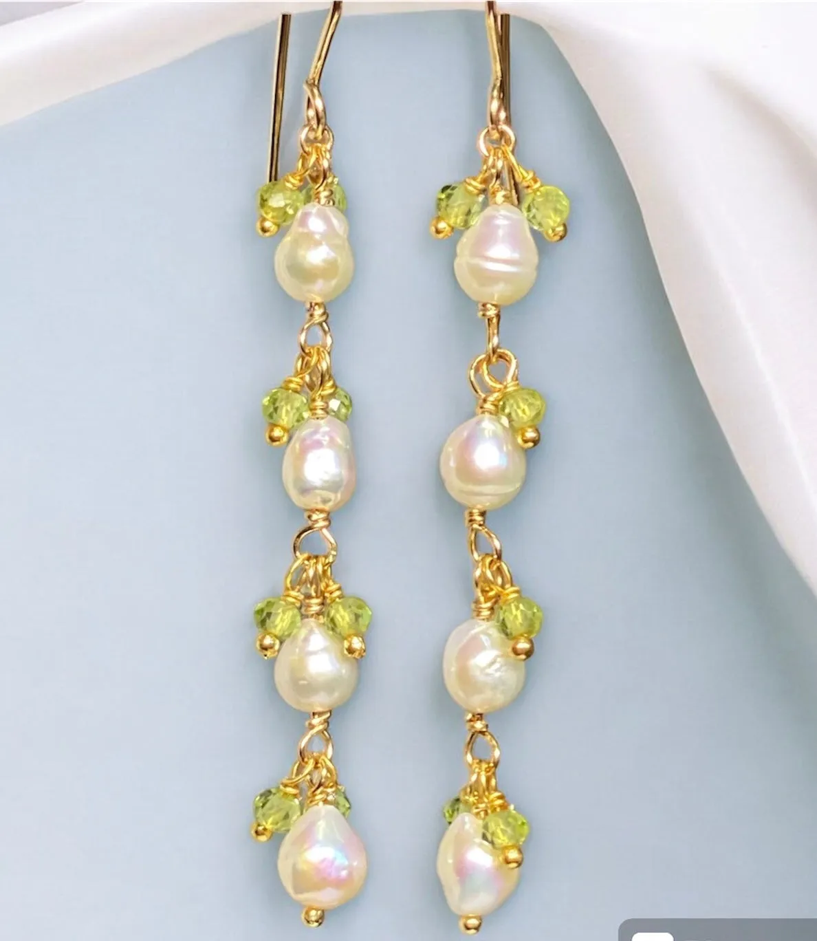 Peridot and Pearl Long Dainty Earrings Gold Fill