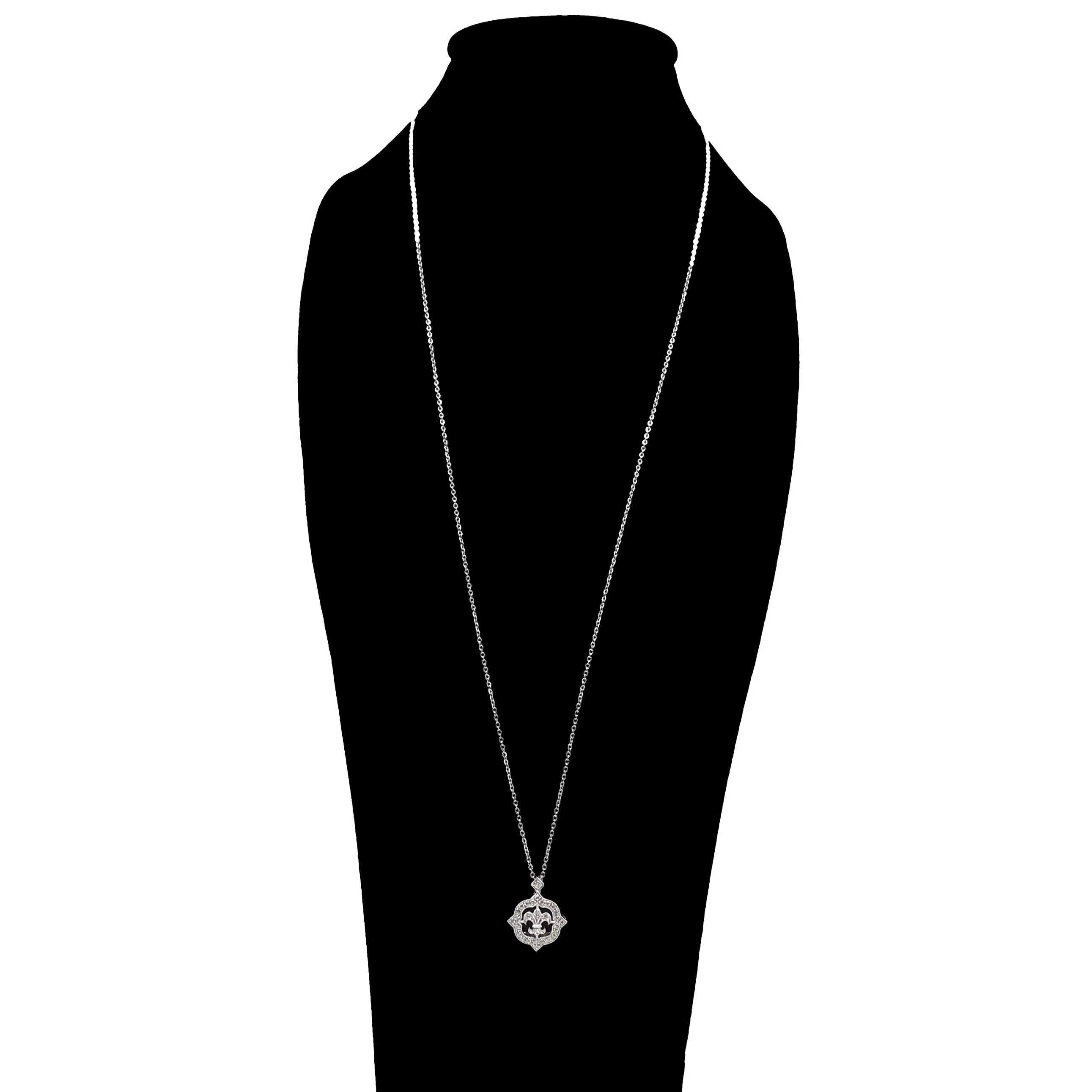 Petite Fleur-de-Lis Pendant on Dainty Rolo Chain - White Gold and Diamond