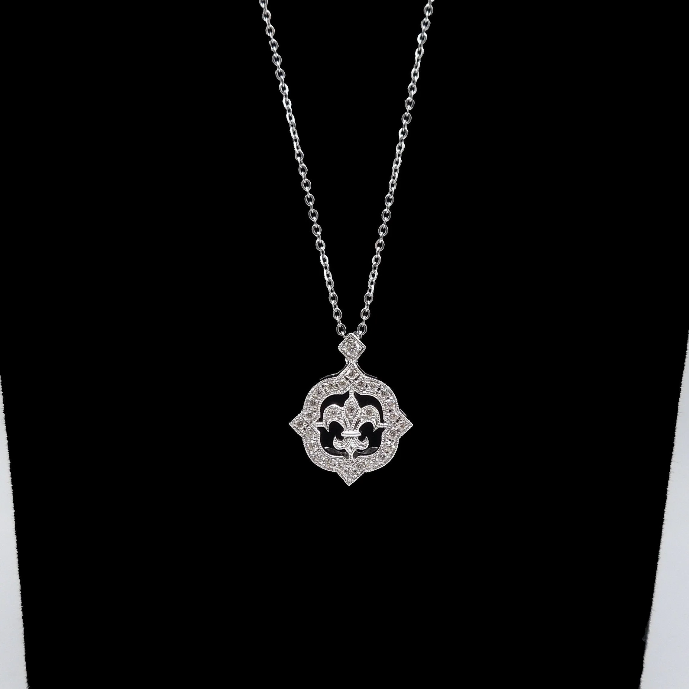 Petite Fleur-de-Lis Pendant on Dainty Rolo Chain - White Gold and Diamond