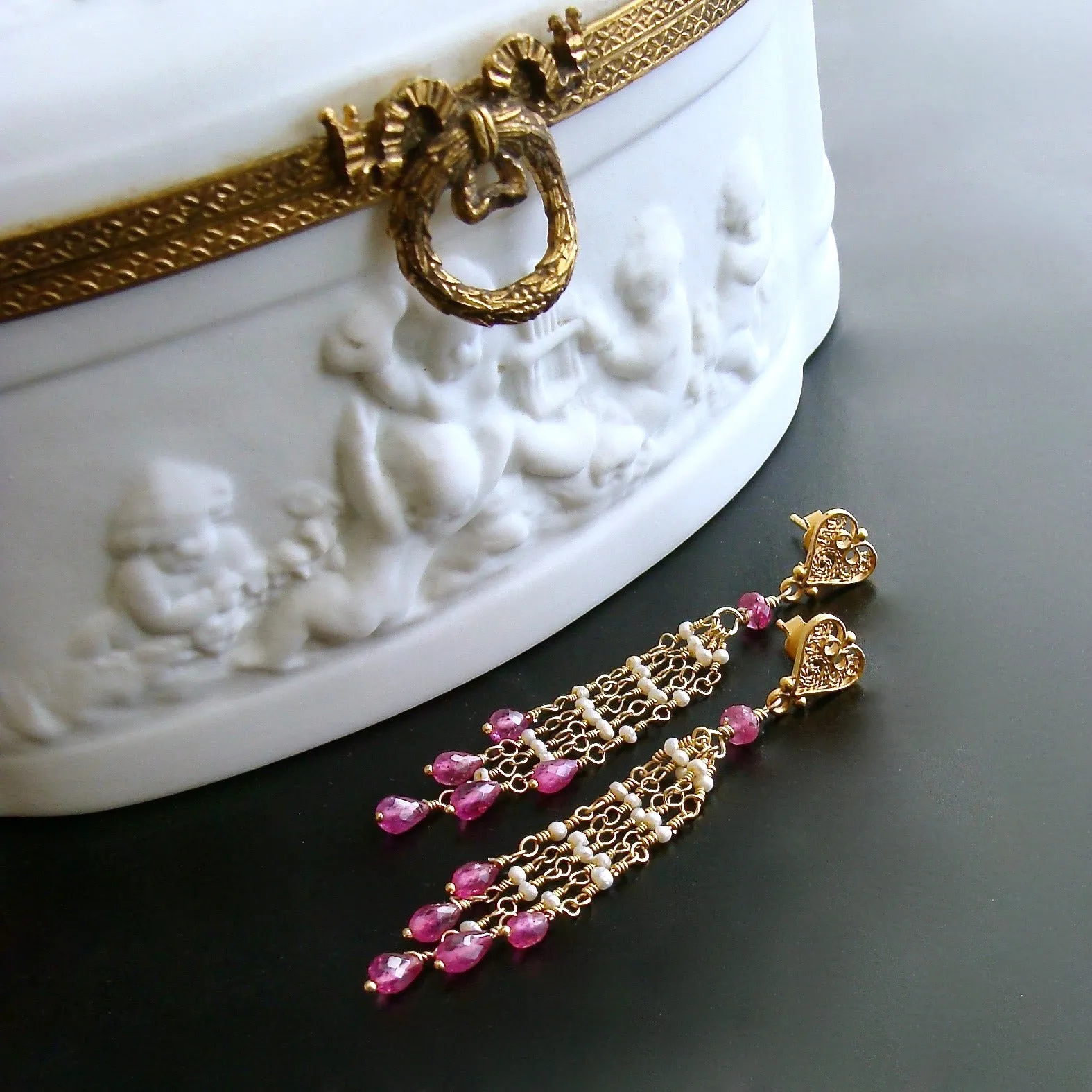 Pink Sapphire Micro Seed Pearls Filigree Heart Post Earrings - Valentina Duster Earrings