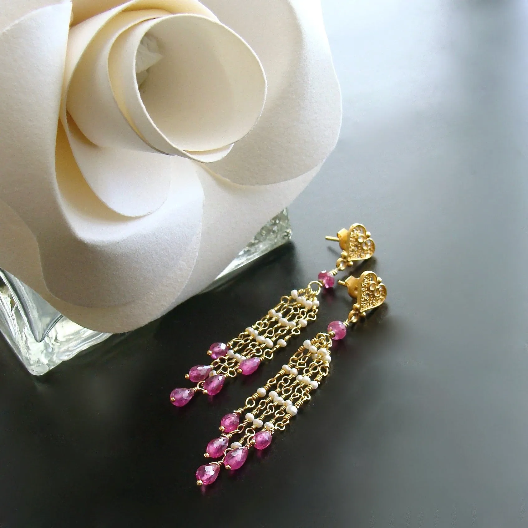 Pink Sapphire Micro Seed Pearls Filigree Heart Post Earrings - Valentina Duster Earrings