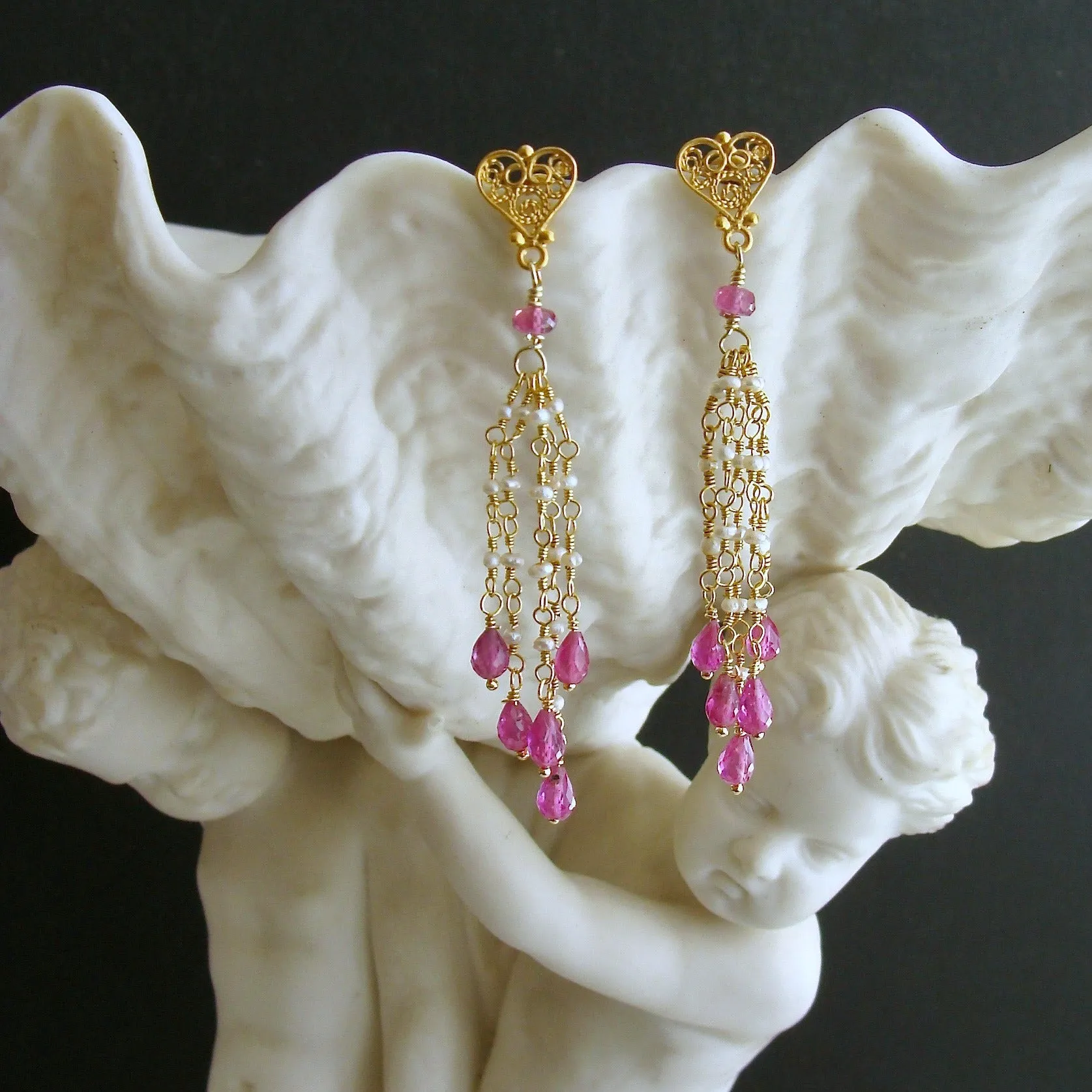 Pink Sapphire Micro Seed Pearls Filigree Heart Post Earrings - Valentina Duster Earrings