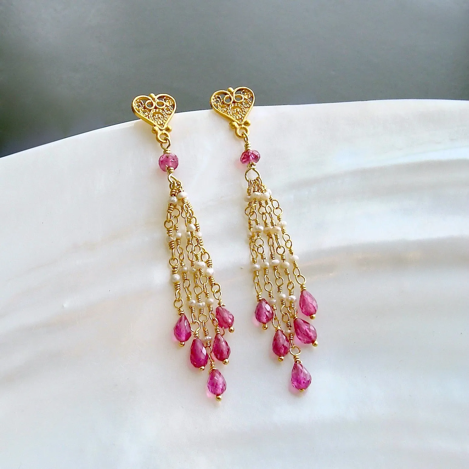 Pink Sapphire Micro Seed Pearls Filigree Heart Post Earrings - Valentina Duster Earrings