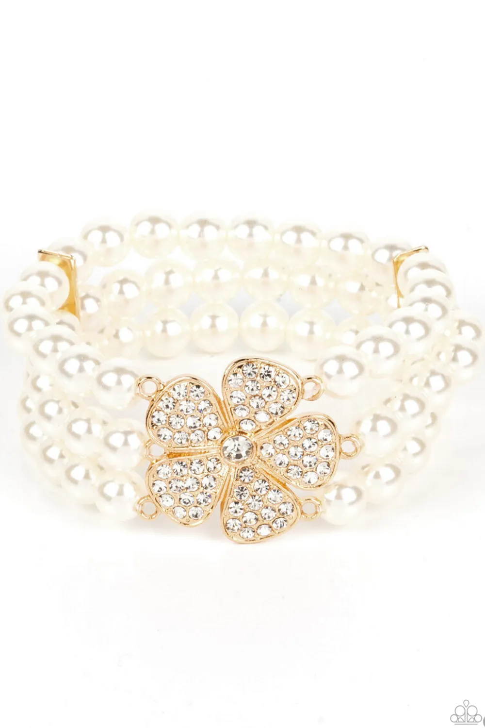 "Park Avenue Orchard" Gold Metal 3 Row White Pearls & Rhinestone Flower Stretch Bracelet