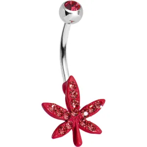 Red Gem Glittering Ganja Leaf Belly Ring