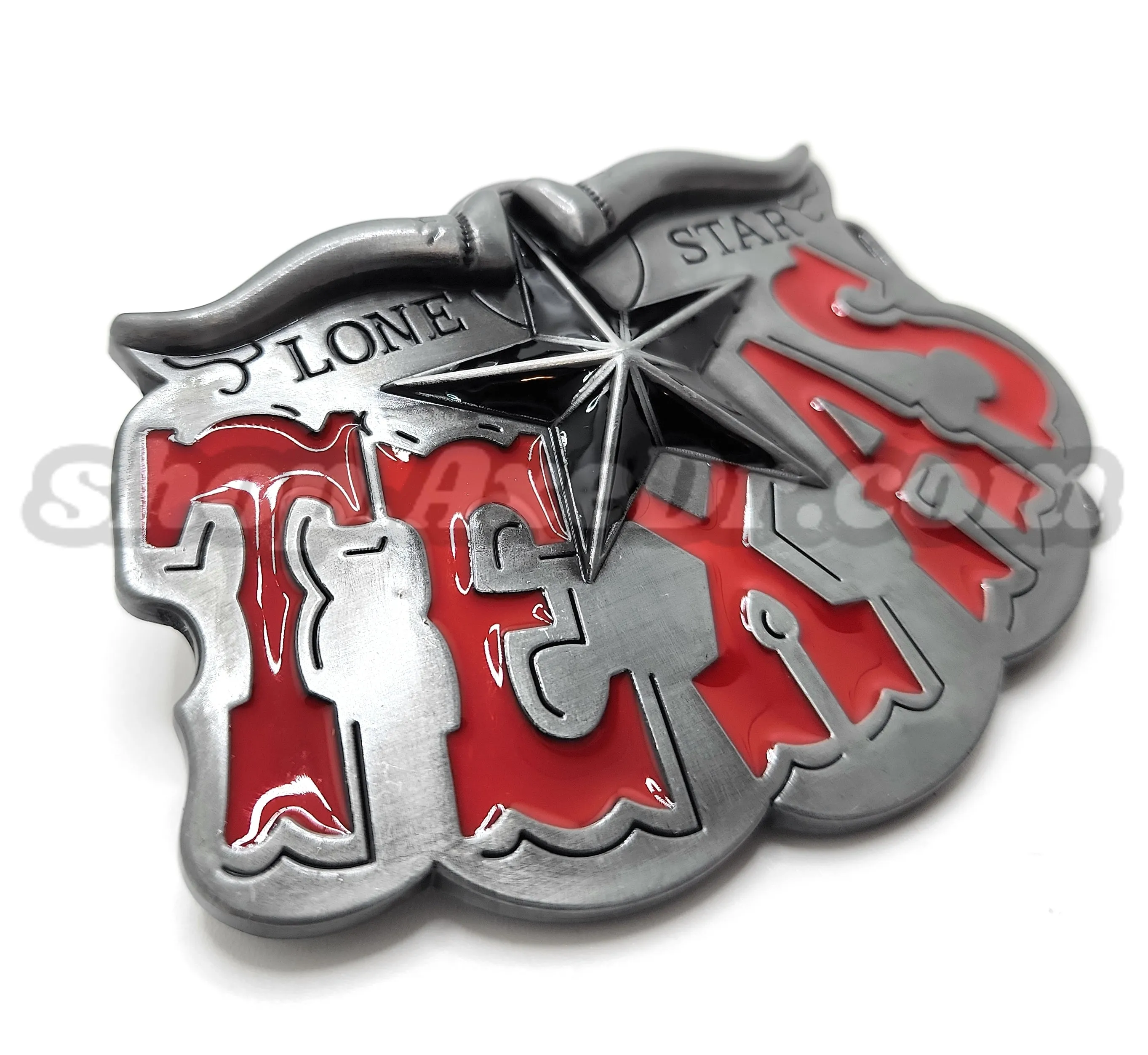 Red Texas Lone Star Belt Buckle with Horns and Star
