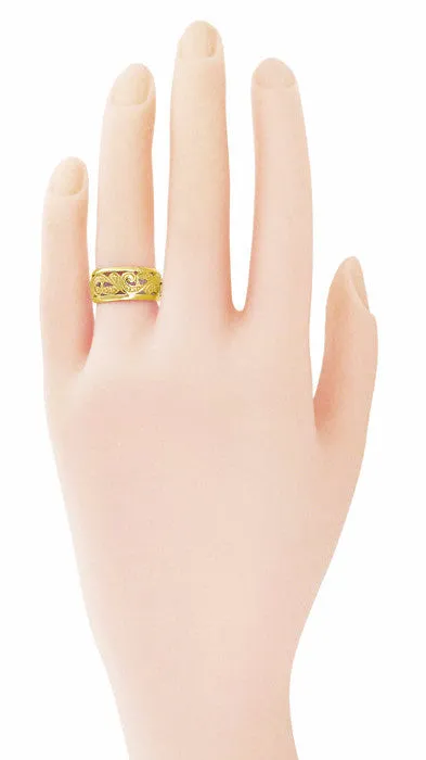 Retro Moderne Scrolls and Leaves Filigree Wedding Ring in 14K Yellow Gold - 8.5mm Wide - Size 5.5