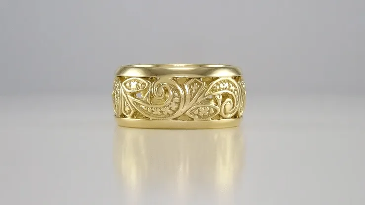 Retro Moderne Scrolls and Leaves Filigree Wedding Ring in 14K Yellow Gold - 8.5mm Wide - Size 5.5