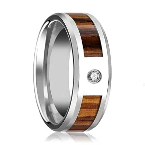 SABER | Silver Tungsten Ring, Zebra Wood Inlay, Beveled