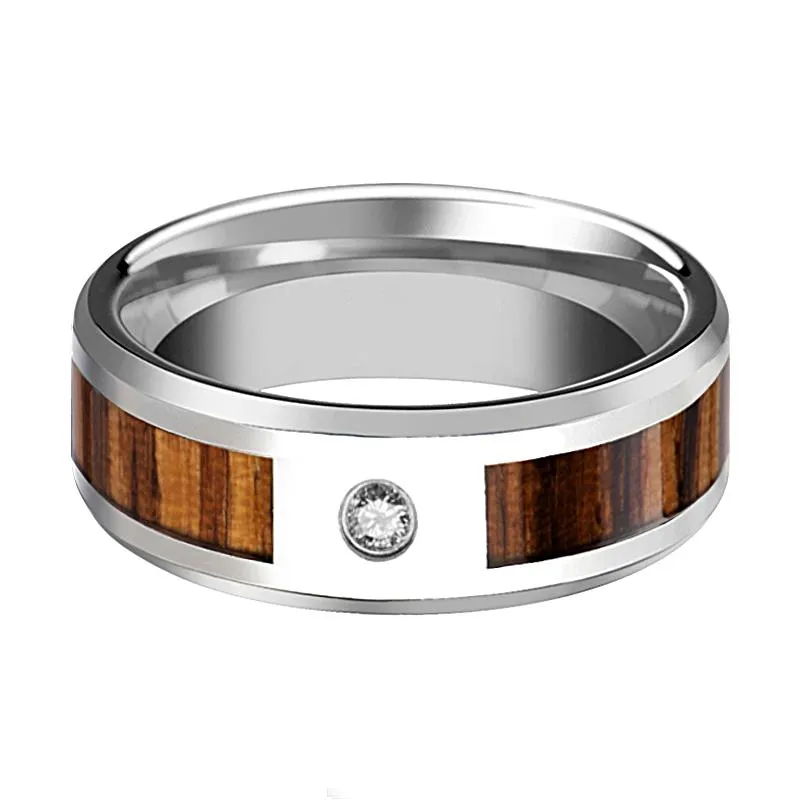 SABER | Silver Tungsten Ring, Zebra Wood Inlay, Beveled