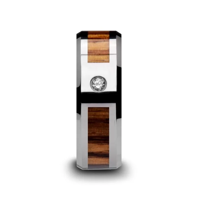 SABER | Silver Tungsten Ring, Zebra Wood Inlay, Beveled