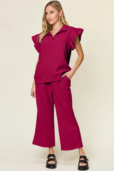 Set For Life Texture Top and Drawstring Wide Leg Pant Set (11 Colors)