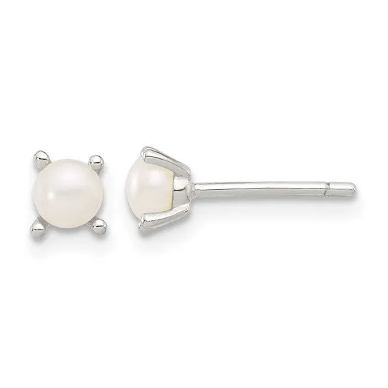 Silver 4mm White Pearl June Birthstone Silver Earrings