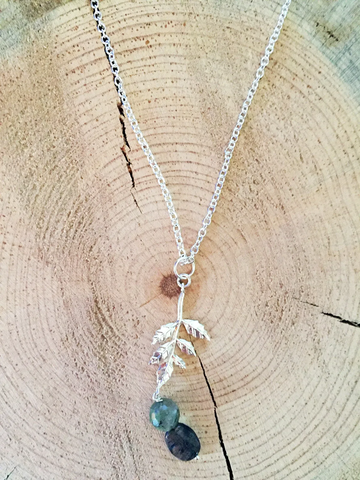 Silver Leaf Necklace with Quartz and Iolite Accents
