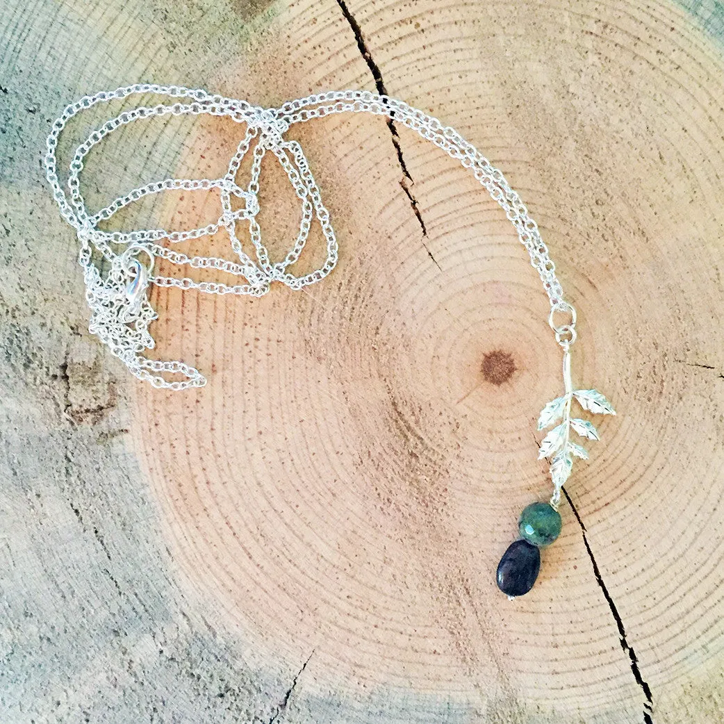 Silver Leaf Necklace with Quartz and Iolite Accents
