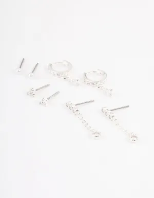 Silver Plated Cubic Zirconia Dainty Pearl Earrings 4-Pack
