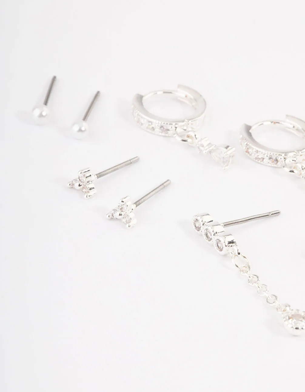 Silver Plated Cubic Zirconia Dainty Pearl Earrings 4-Pack