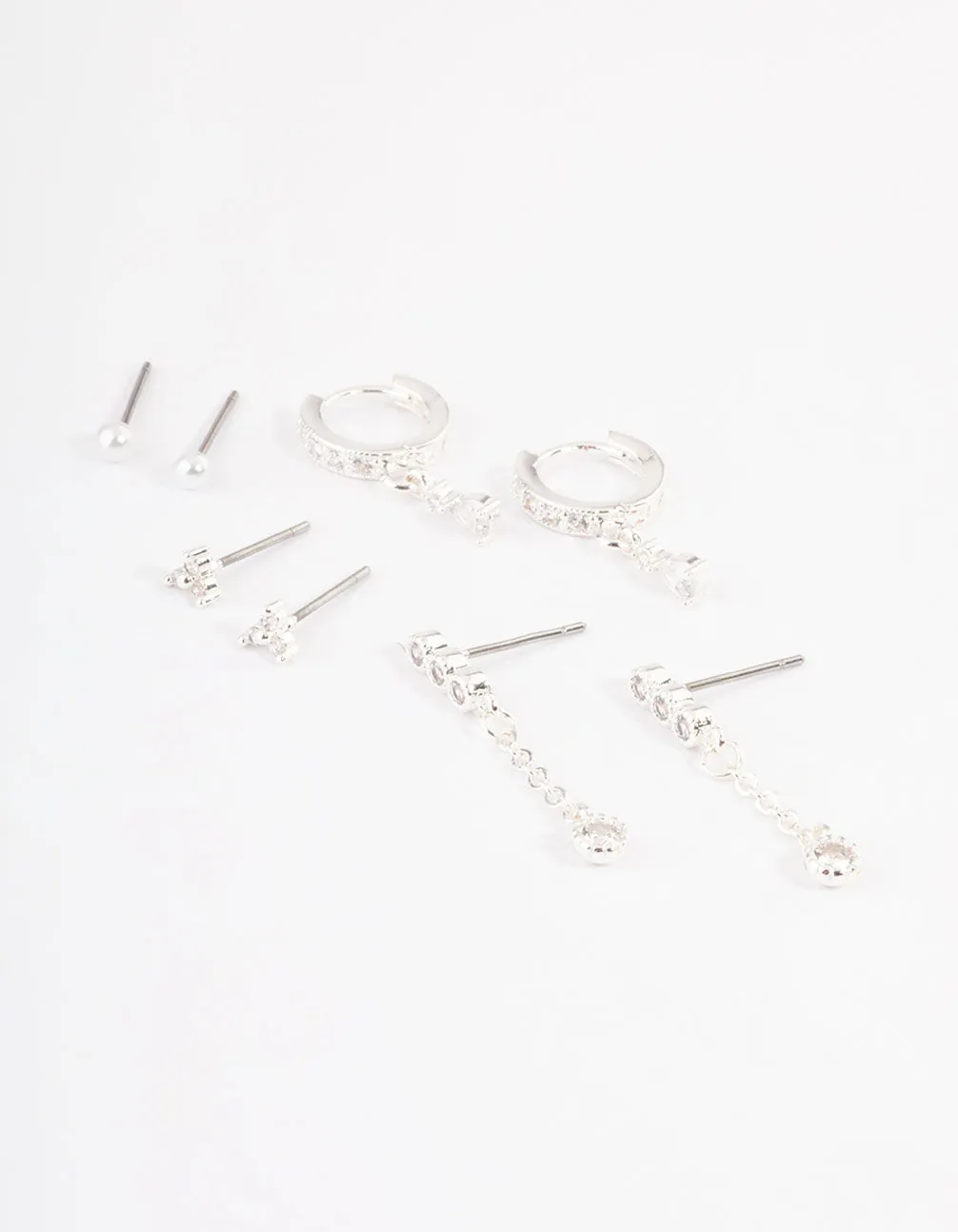 Silver Plated Cubic Zirconia Dainty Pearl Earrings 4-Pack