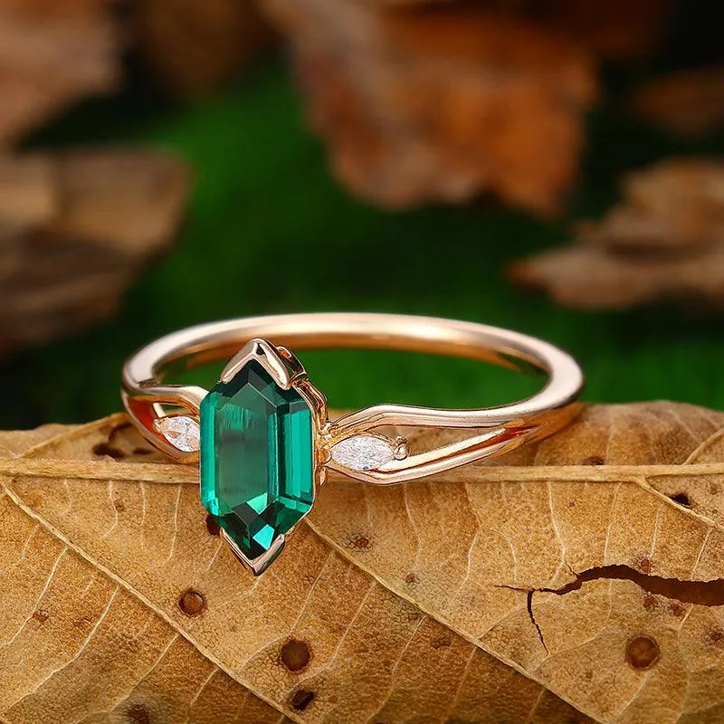 Split Shank 1.1 CT Long Hexagon Cut 18k Gold Emerald Engagement Ring