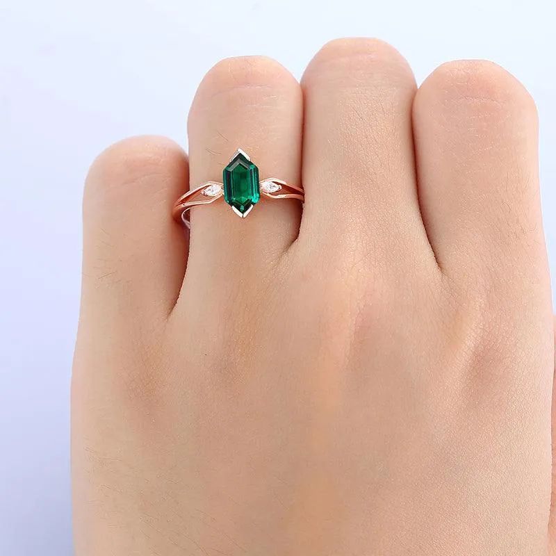 Split Shank 1.1 CT Long Hexagon Cut 18k Gold Emerald Engagement Ring