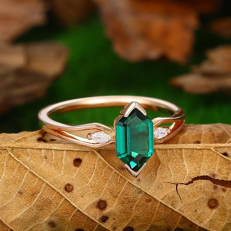 Split Shank 1.1 CT Long Hexagon Cut 18k Gold Emerald Engagement Ring