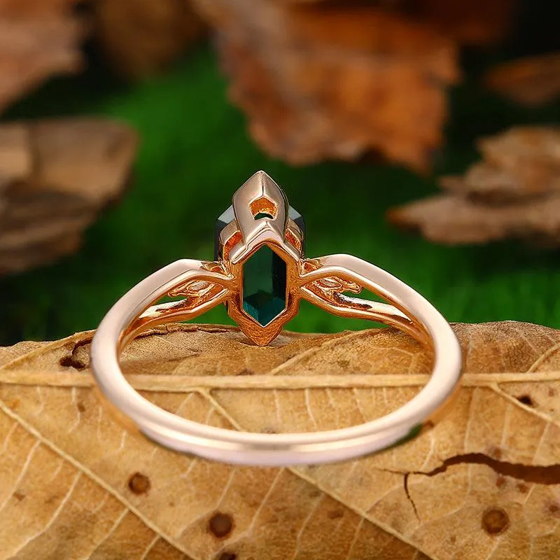 Split Shank 1.1 CT Long Hexagon Cut 18k Gold Emerald Engagement Ring