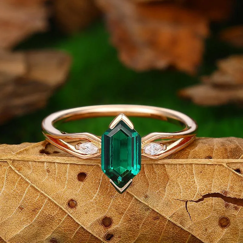 Split Shank 1.1 CT Long Hexagon Cut 18k Gold Emerald Engagement Ring