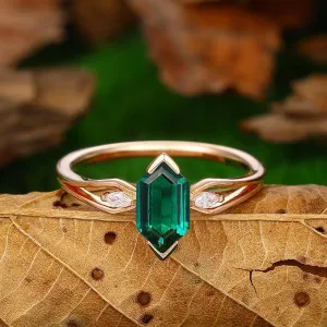Split Shank 1.1 CT Long Hexagon Cut 18k Gold Emerald Engagement Ring