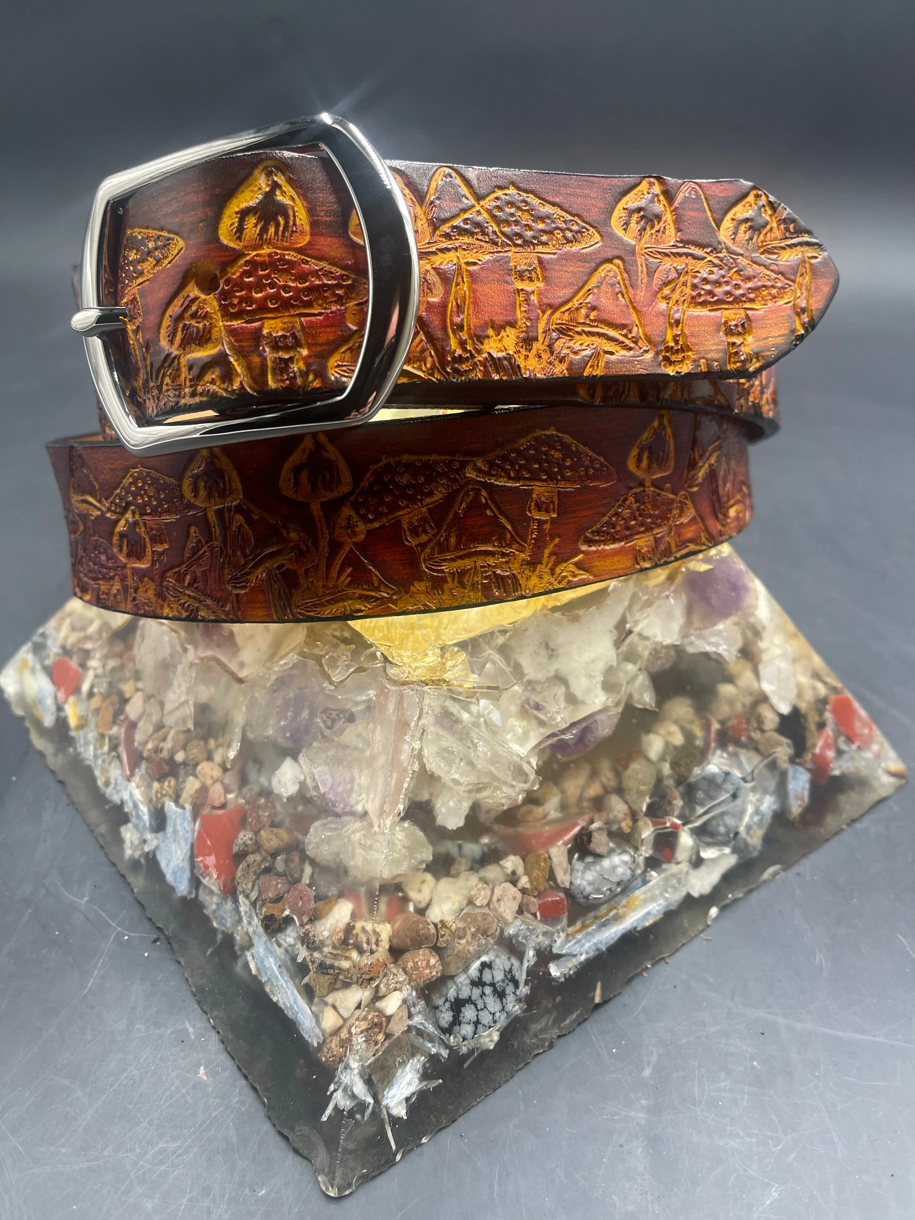 Stamped Leather Belt - Mushrooms 2.0