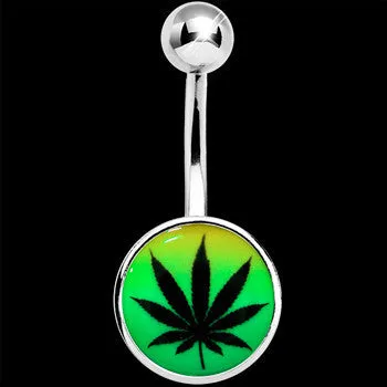 Steel Glow in the Dark Rainbow Ganja Leaf Belly Ring