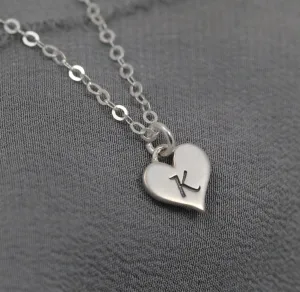 Sterling Silver Heart Initial Necklace, Custom Letter Jewelry