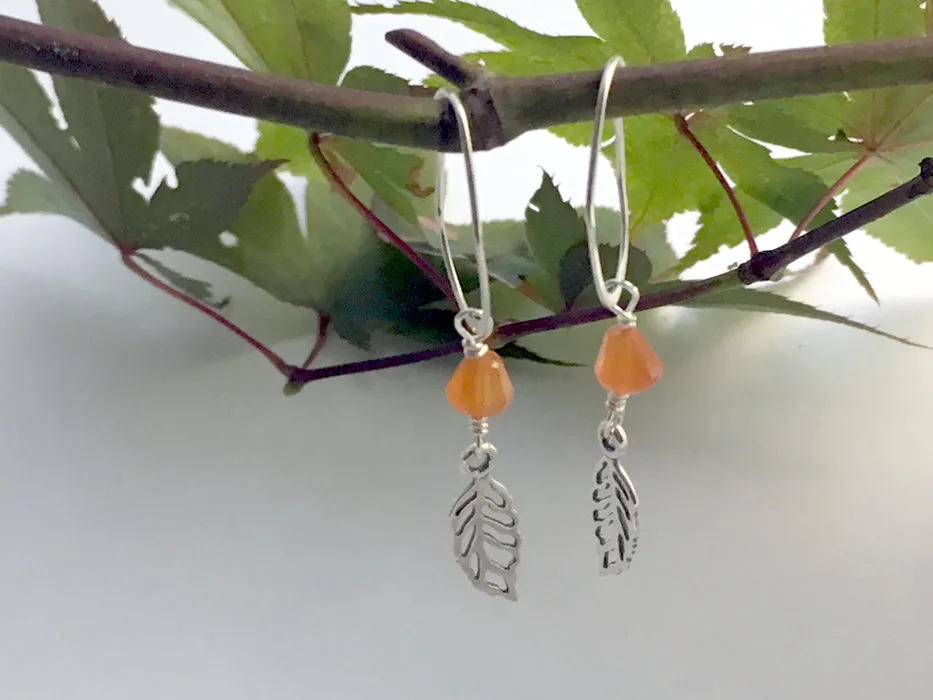 Sterling Silver long hoop open leaf dangle earrings- tree, nature , leaves, carnelian