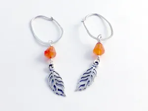 Sterling Silver long hoop open leaf dangle earrings- tree, nature , leaves, carnelian
