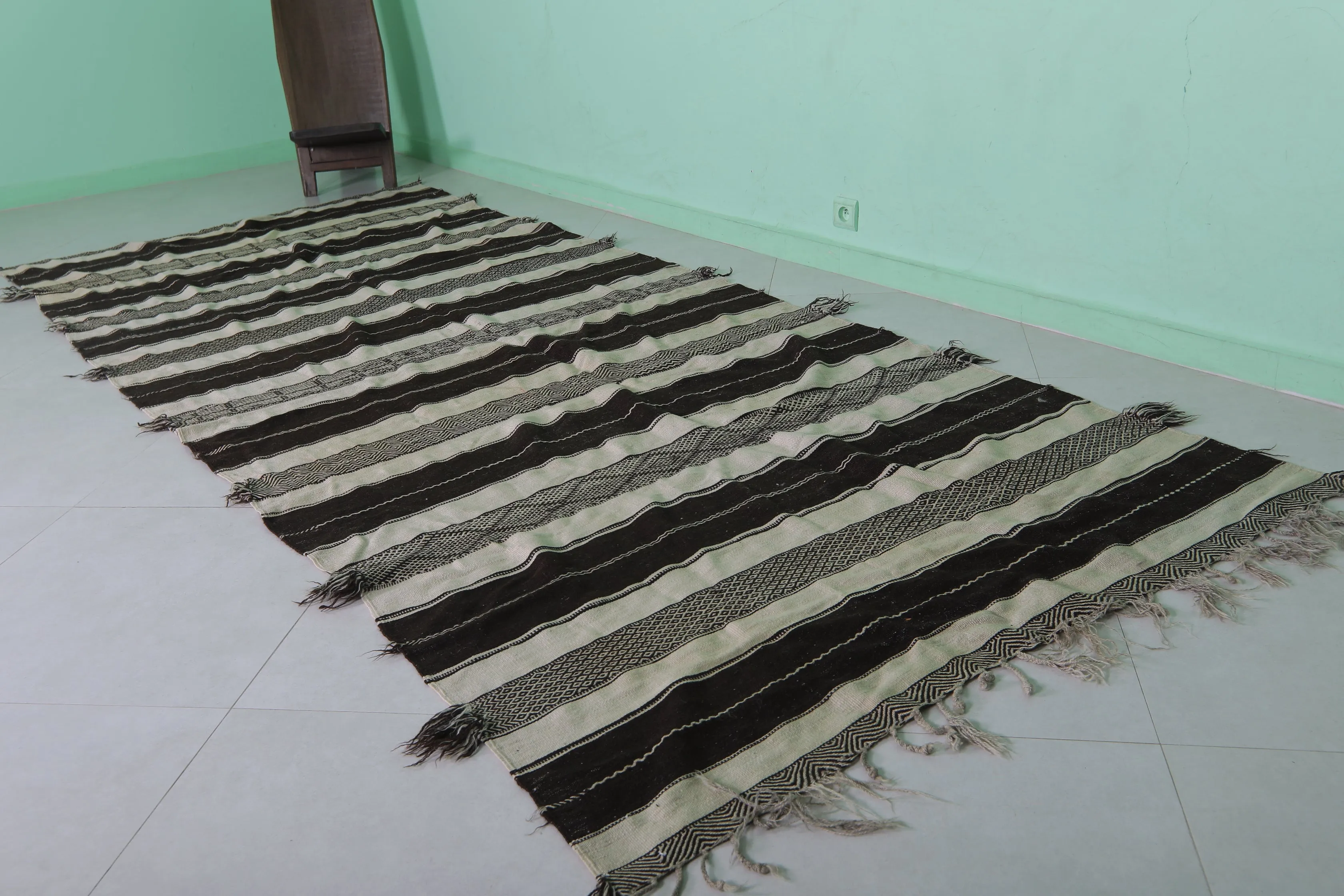 Striped Runner Kilim Rug - Black and Beige 4.7 FT X 11.2 FT | Handwoven Elegance
