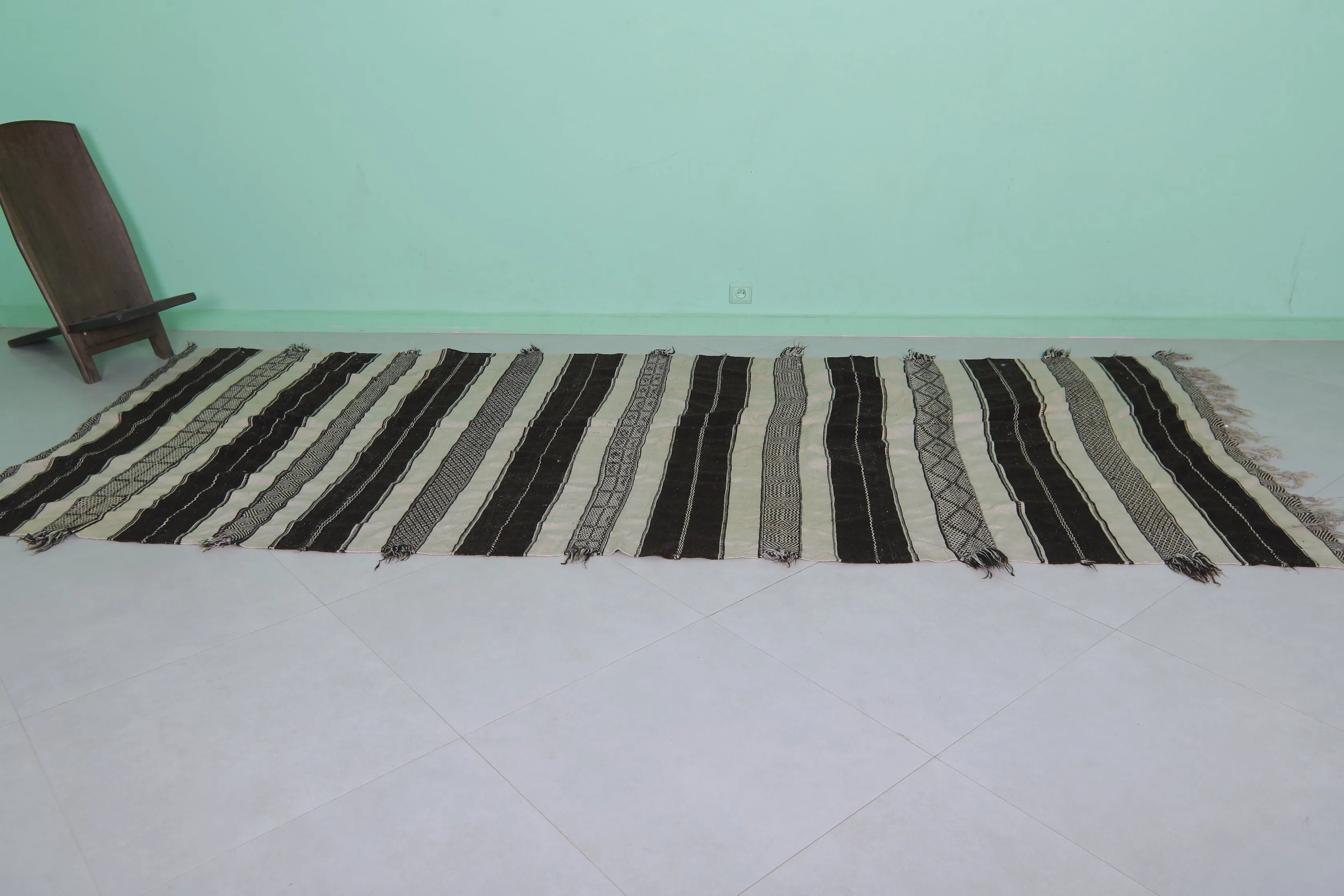 Striped Runner Kilim Rug - Black and Beige 4.7 FT X 11.2 FT | Handwoven Elegance