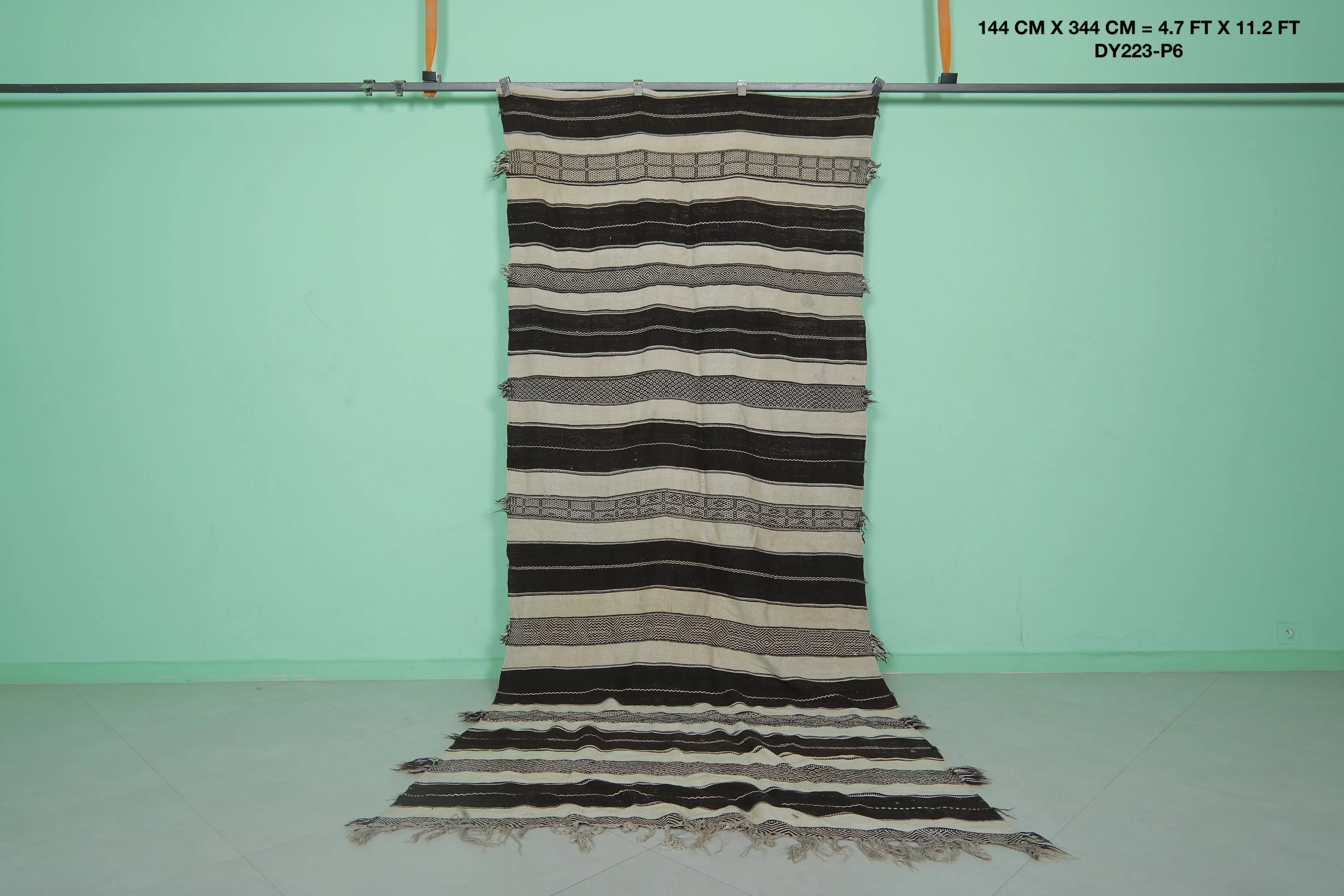 Striped Runner Kilim Rug - Black and Beige 4.7 FT X 11.2 FT | Handwoven Elegance