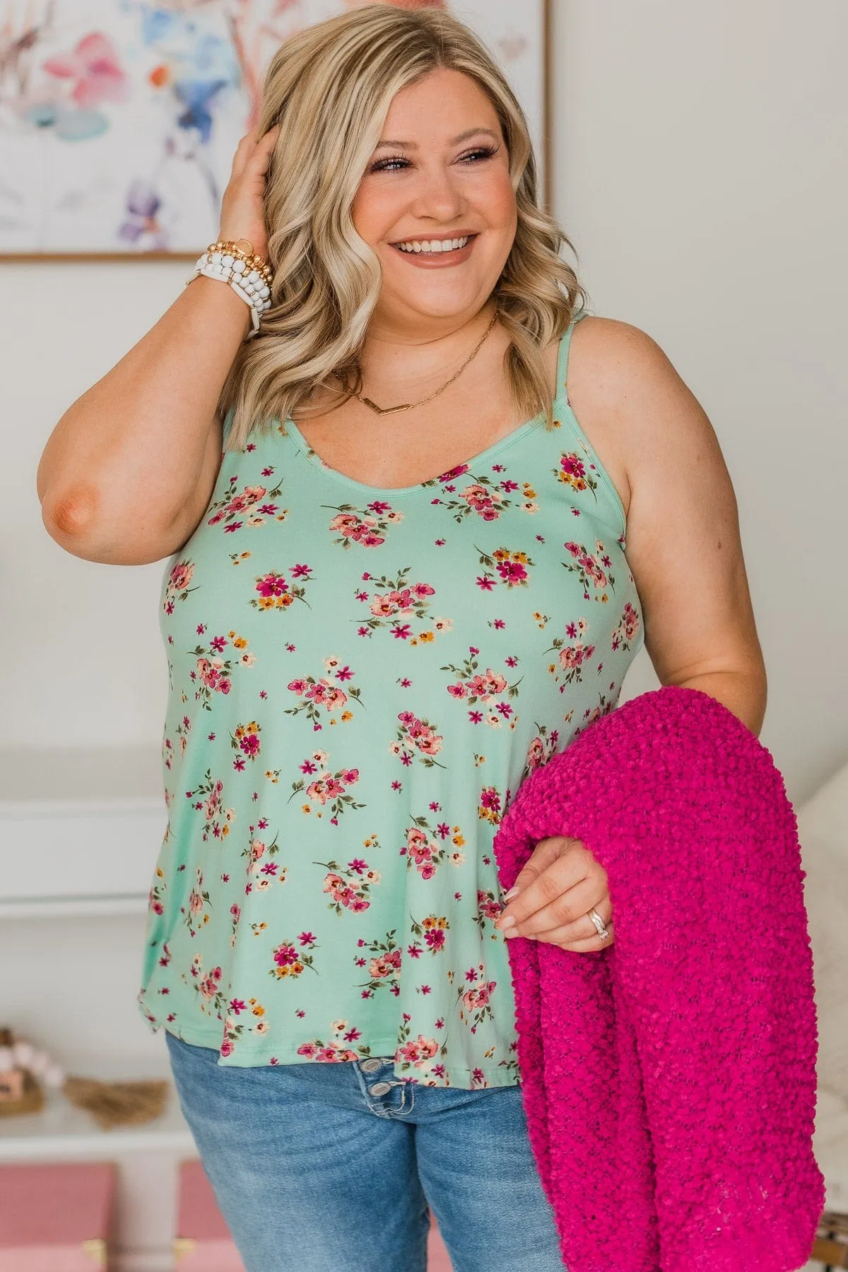 Sweet Impressions Floral Tank Top- Mint Blue