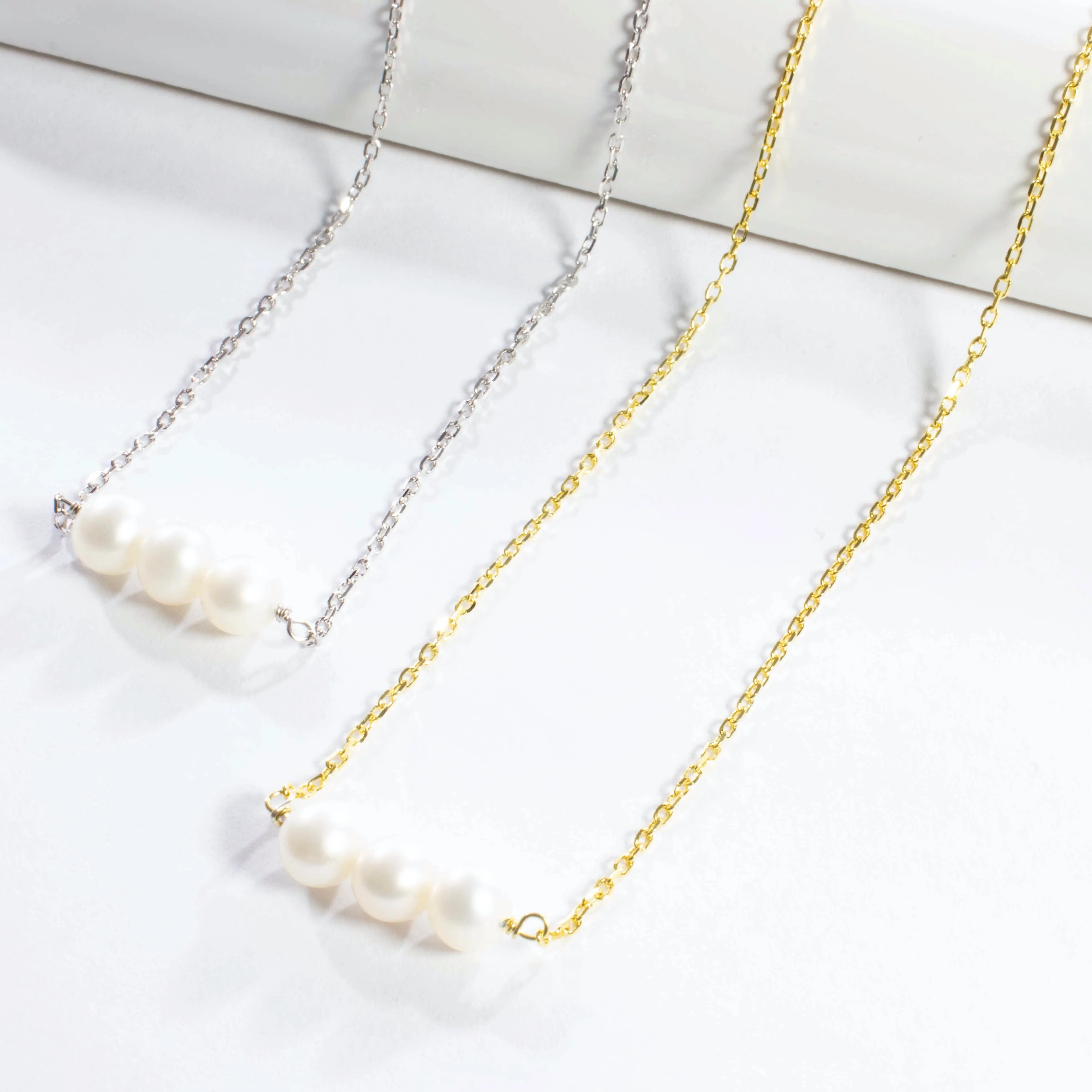 Three Small Freshwater Pearl Necklace - Gold or Silver