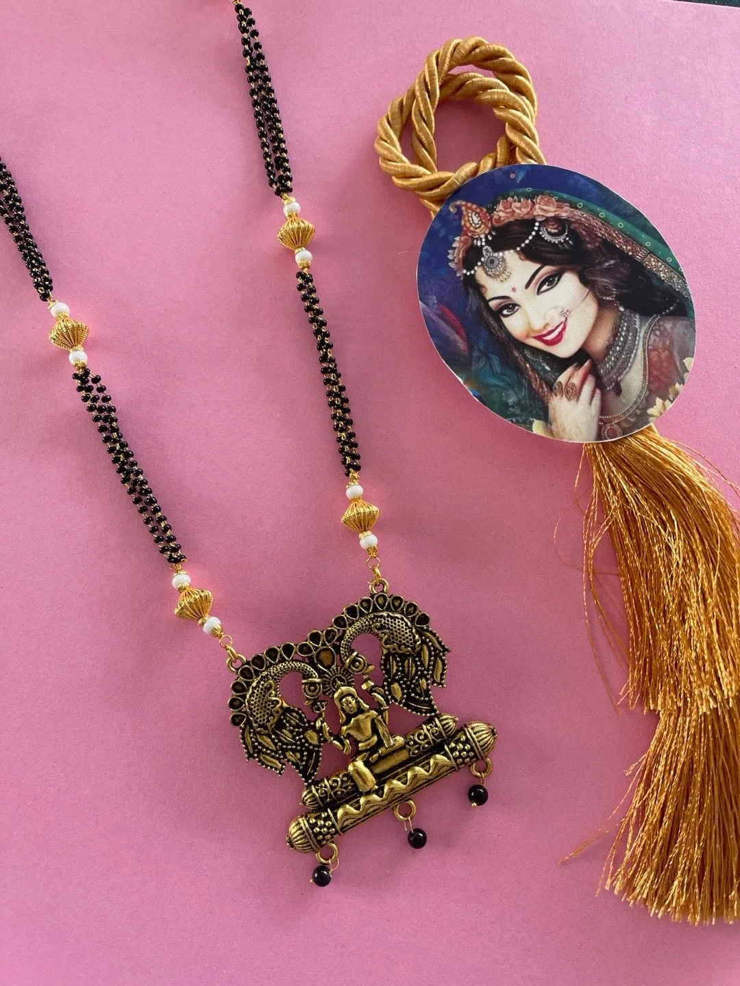 Traditional South Indian Long Mangalsutra Designs Oxidised Peacock/Lakshmi Pendant Black Beads Chain
