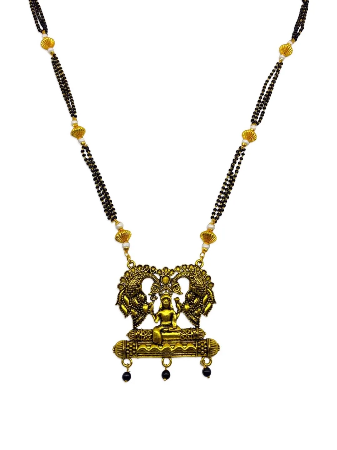 Traditional South Indian Long Mangalsutra Designs Oxidised Peacock/Lakshmi Pendant Black Beads Chain