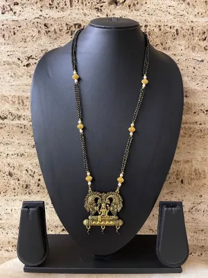 Traditional South Indian Long Mangalsutra Designs Oxidised Peacock/Lakshmi Pendant Black Beads Chain