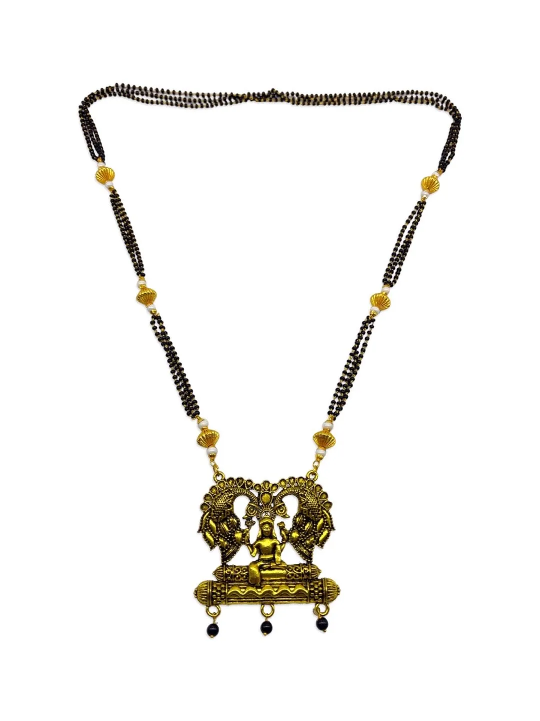 Traditional South Indian Long Mangalsutra Designs Oxidised Peacock/Lakshmi Pendant Black Beads Chain